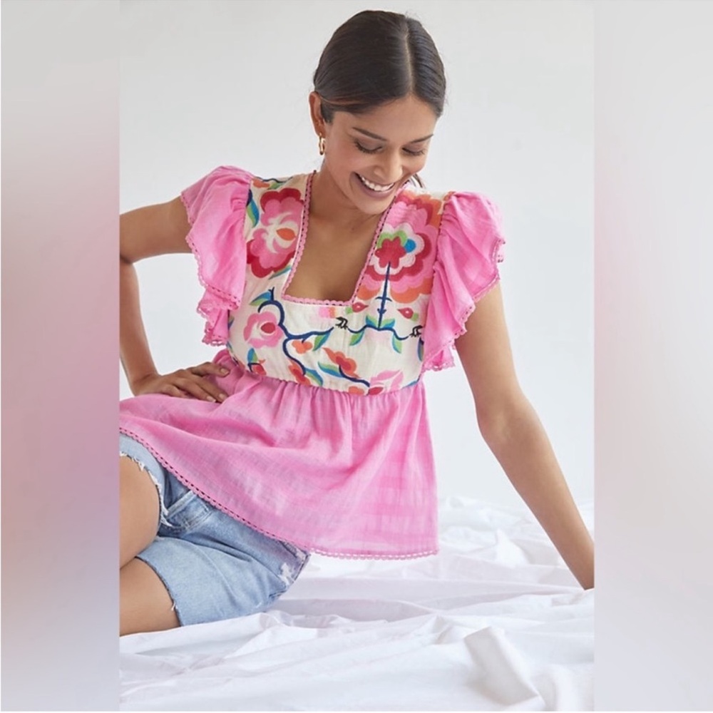 Anthropologie Plenty By Tracy Reese Embroidered Babydoll Top